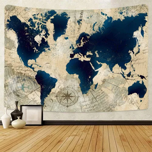 Vista 2 de YANR Tapiz vintage de mapa del mundo para colgar en la pared, póster de arte de pared de mapa del mundo, tapices de estilo nórdico antiguo, mapa