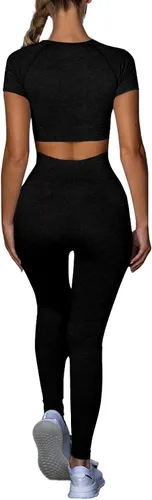 Vista 2 de LYANER Conjuntos de entrenamiento para mujer, camiseta corta de manga corta y leggings de cintura alta, conjuntos de yoga de 2 piezas