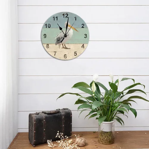Vista 4 de Reloj de pared redondo de madera estilo rústico y elegante, estilo retro, con números arábigos Pelícano, silencioso, sin tictac, funciona