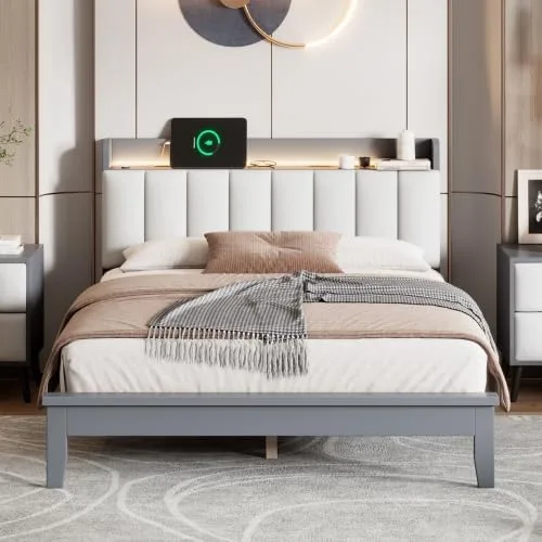 Vista 3 de Moderna base de cama LED de tamaño matrimonial con estación de carga, plataforma de madera con cabecera tapizada de almacenamiento, cama matrimonial