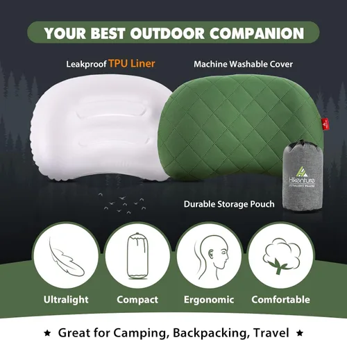Vista 5 de Hikenture Bomba de pie doble para dormir con 2 almohadas de camping, color verde