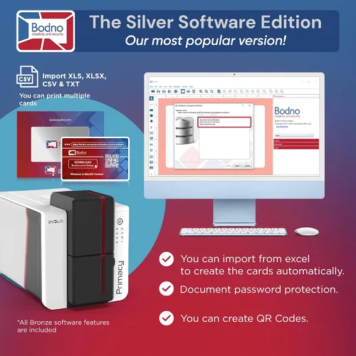Vista 4 de Bodno Evolis Primacy 2 Impresora de tarjetas de identificación de doble cara y paquete de suministros completos Silver Edition ID Software