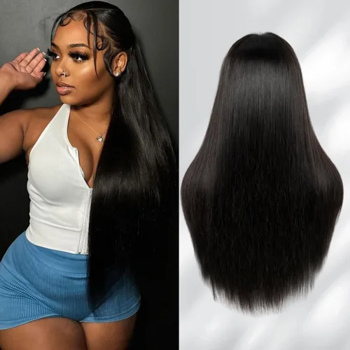 Vista 13 de MOONBAY Pelucas de cabello humano lacio con encaje frontal HD de 22 250 Color negro