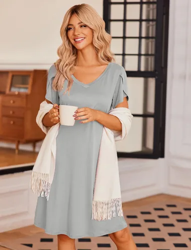 Vista 3 de Ekouaer Camisón de manga corta para mujer, cuello en V, camisón de enfermería, mangas de pétalo, vestido de camiseta S-XXL