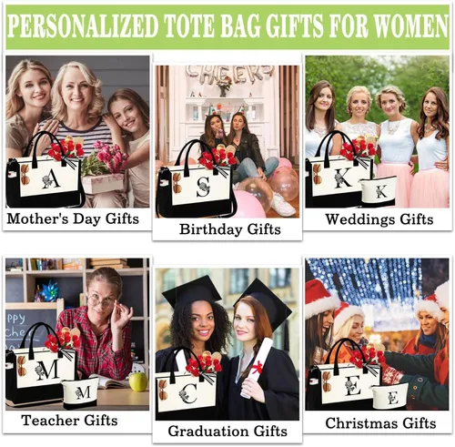 Vista 6 de YOOLIFE Regalos para el día de San Valentín, bolsa de lona con inicial y bolsa de maquillaje, regalos de cumpleaños para mujeres, esposa, mamá