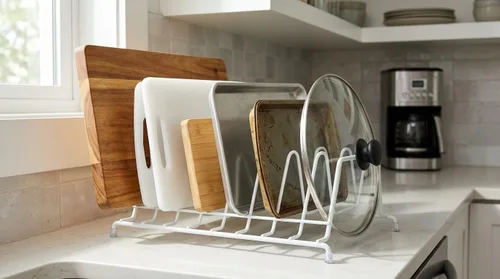 Vista 8 de Huji Soporte para platos, ollas, sartenes, tapa, organizador para gabinete, despensa o encimera de cocina (uno, blanco)