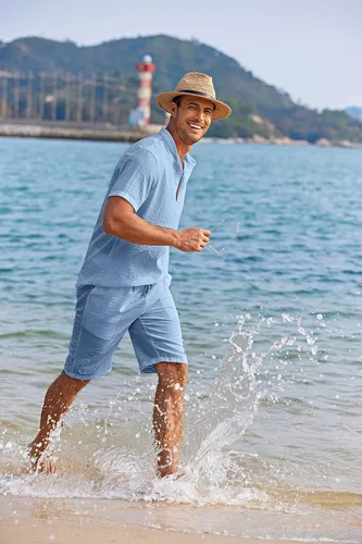 Vista 7 de COOFANDY Conjunto de 2 piezas de lino para hombre, camisas Henley casuales de manga corta, pantalones cortos de yoga para la playa, pantalones