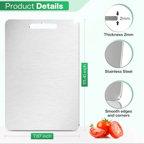 Vista 9 de Tablas de cortar de acero inoxidable para cocina, acero inoxidable 304 de grado alimenticio, tabla de cortar no tóxica de doble cara, tablas