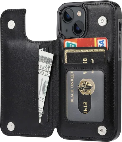 Vista 3 de Funda tipo cartera compatible con iPhone 13, funda protectora delgada con tarjetero, cuero PU con soporte y ranuras para tarjetas con un cristal
