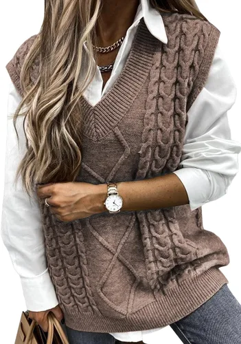 Vista 16 de EVALESS Chaleco Suéter de Gran Tamaño para Mujeres Cuello en V Sin Mangas Color Sólido Suéter Pullover Suelto 1 caqui.
