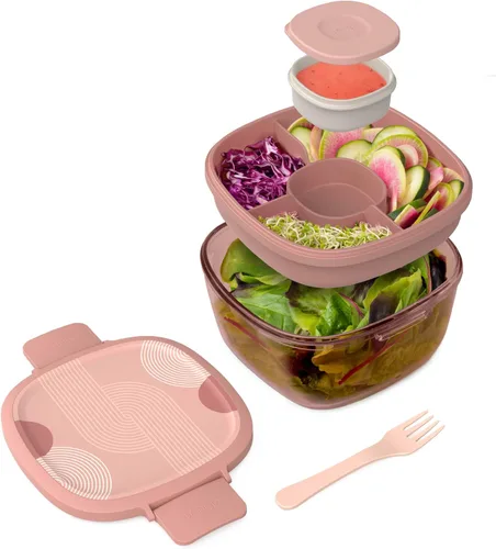 Vista 9 de Bentgo Recipiente de Ensalada de Vidrio Todo en Uno - Ensaladera Grande de 61 oz con Tapa, Bandeja Estilo Bento de 4 Compartimentos, Recipiente