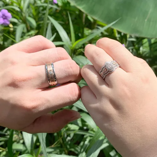 Vista 9 de Newshe Jewellery Juego de anillos de boda para él y ella, AAAAA, circonita cúbica, bandas de tungsteno para hombre y mujer, plata de ley 925, oro