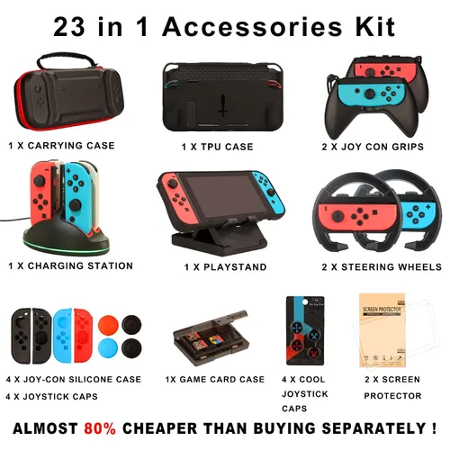 Vista 2 de Switch Accessories Bundle for Nintendo Switch Carrying Case, Screen Protector, Joycon Grips, Steering Wheels, Charging Dock, Playstand, Comfort