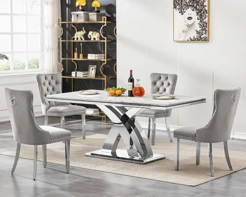 Vista 68 de Juego de mesa de comedor de 5 piezas para 4, mesa de cocina de mármol negro de 68 pulgadas con 4 sillas beige, mesa de comedor rectangular moderna