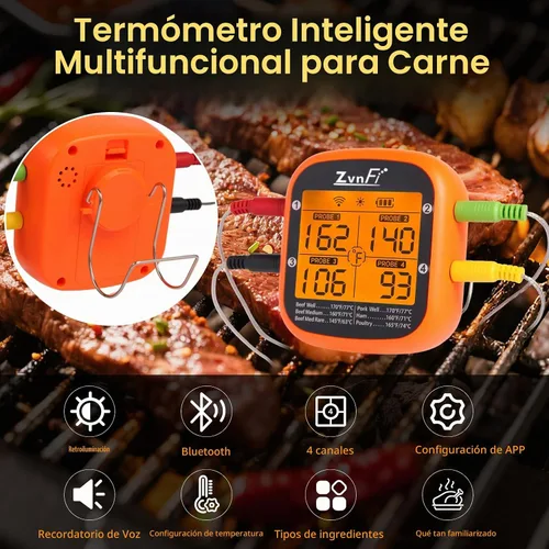 Vista 5 de Termómetro digital inalámbrico de lectura instantánea para alimentos y carne, con pantalla LCD y 4 sondas de acero inoxidable, termómetro