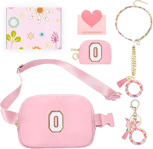 Vista 11 de Regalos de moda para niñas adolescentes, cangurera con monograma para niña con llavero, collar, dijes de taza, tarjeta de felicitación y caja