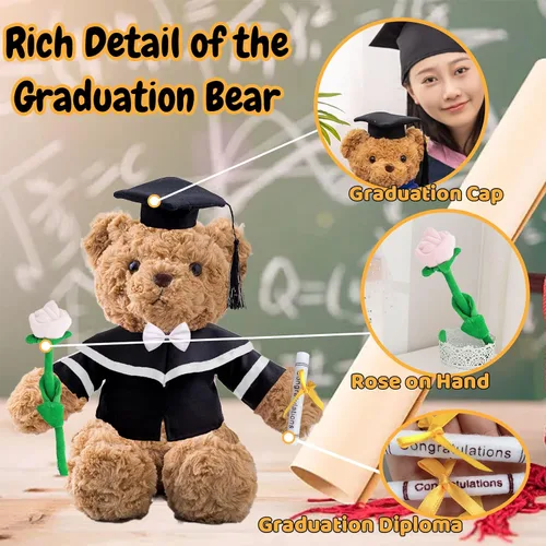 Vista 3 de Oso de graduación con rosa + lazo, regalos de graduación personalizados, oso de peluche con foto + texto personalizado como regalo único para ella