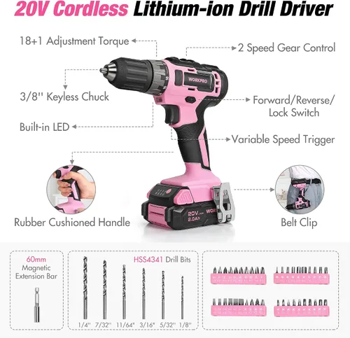Vista 3 de WORKPRO Juego de herramientas para el hogar de 157 piezas con taladro eléctrico de 20 V y WORKPRO 43 piezas, juego de herramientas rosa con taladro