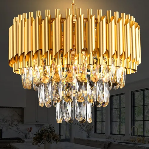 Vista 15 de Candelabro de cristal moderno dorado de 5 niveles para sala de estar, lámpara de araña grande de cristal negro, lámpara colgante de techo