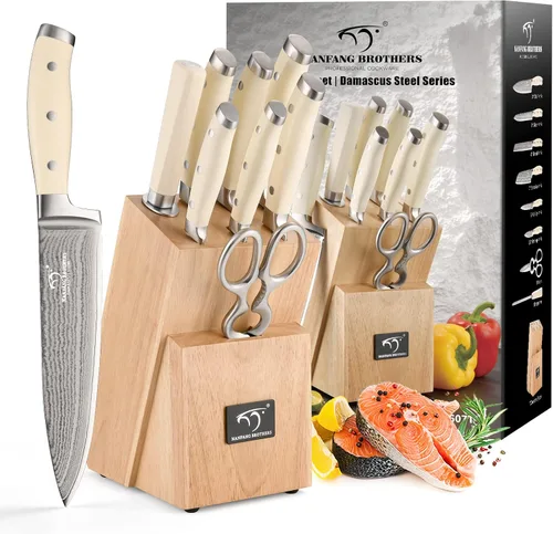 Vista 12 de NANFANG BROTHERS - Juego de cuchillos de damasco de 7 piezas con bloque, mango de madera de ébano Damasco negro titanio chapado