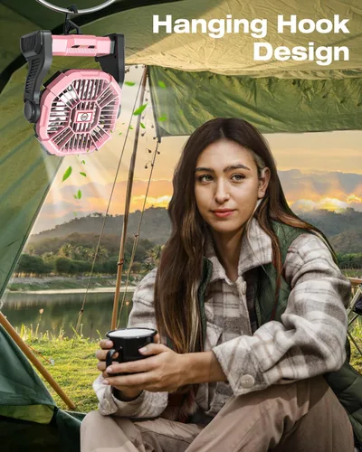 Vista 4 de AEscod Camping Fan Rechargeable, Cordless Battery Powered Camping Fan with LED Lantern, Hanging Hook, 270°Rotation, Personal Battery Operated for