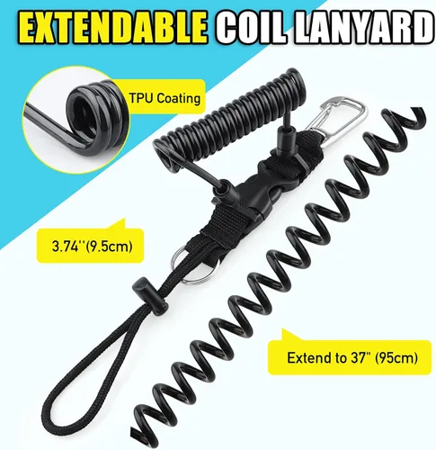 Vista 2 de Buceo bobina Landyard, cordón de acero inoxidable para cámara en espiral con hebilla de metal de liberación rápida