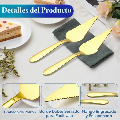 Vista 3 de Juego de servidor de pasteles y tartas Eisinly para boda, elegante juego de servidor y cortador de pizza con bordes dentados grandes de acero Dorado