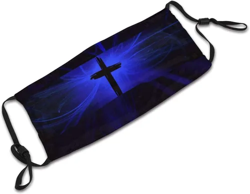 Vista 6 de Bufanda de tela lavable con estampado de cruz cristiana de Jesús azul marino, pasamontañas, pasamontañas, transpirable, reutilizable, con 2 filtros