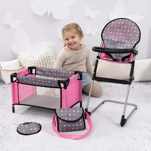 Vista 2 de Bayer Set de Trona/Cuna para Muñecas, Gris, Rosa con Puntos Nurturing Caregiving Set for 18 Inch Dolls with Travel Bag, Bib, Integrated High Chair