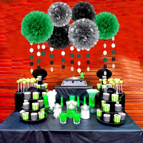 Vista 6 de Decoraciones de fiesta de fútbol negro verde plateado - 30 piezas de serpentinas de graduación de fútbol, pompones de papel de seda, guirnalda