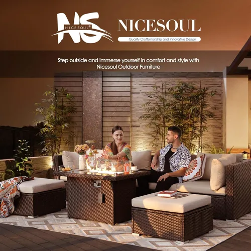 Vista 8 de NICESOUL Mesa de Hoguera de Mimbre para Exteriores de Gas Natural/Propano, Mesa de Hoguera Rectangular de 43'' para Exteriores, Mesas de Chimenea