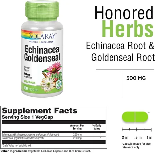 Vista 3 de SOLARAY Suplemento de raíz de equinácea y raíz de sello de oro, 500 mg por porción, sin OMG, vegano y verificado en laboratorio, 100 cápsulas