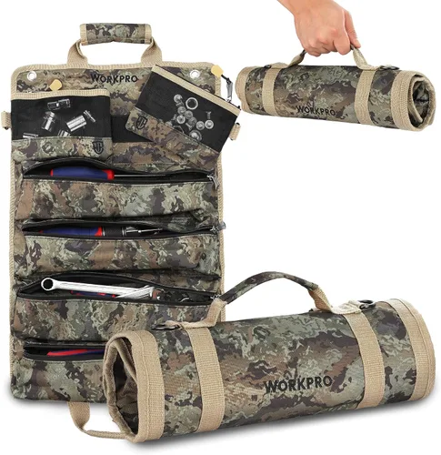 Vista 8 de WORKPRO Bolsa de herramientas enrollable, bolsa de herramientas enrollable con bolsillos desmontables, organizador de herramientas resistente con 6