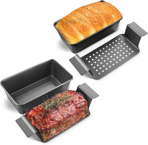 Vista 8 de HONGBAKE Sartén para pastel de carne con bandeja de drenaje, moldes para pan de 9 x 5 con inserto, pan de carne antiadherente para hornear, reduce