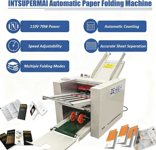 Vista 8 de INTSUPERMAI Máquina plegable automática de papel de 110 V, carpeta de papel de escritorio comercial con 4 placas plegables, contador digital máximo