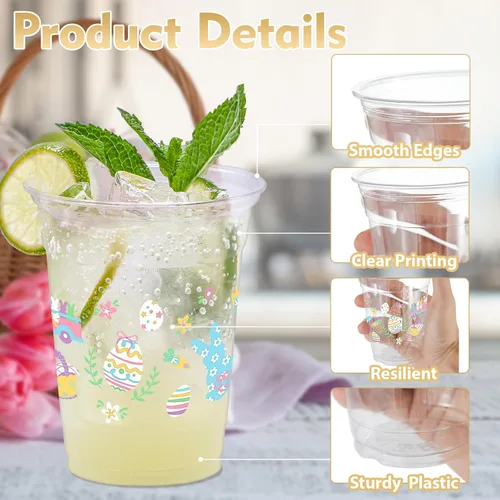 Vista 3 de 100 vasos de plástico con diseño de conejo de Pascua, vasos desechables transparentes de 12 onzas para Pascua, primavera, fiestas de cumpleaños