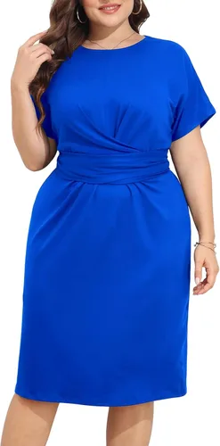 Vista 3 de Pinup Fashion Vestidos de talla grande para mujer, invitada de boda, manga corta, lazo frontal, cinturón, vestido de trabajo hasta la rodilla
