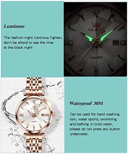 Vista 5 de OLEVS Relojes de mujer Vestido simple Reloj de mujer Reloj de acero inoxidable de oro rosa Reloj impermeable de cuarzo con fecha de lujo