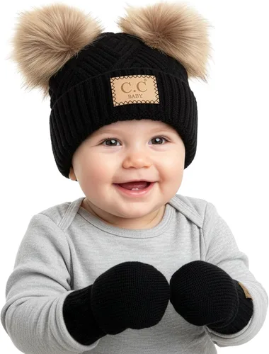 Vista 18 de Funky Junque Conjunto de gorro y mitones con doble pompón de pelo sintético para bebé – Gorro de invierno para recién nacidos de 0–9 meses