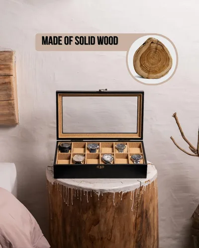 Vista 6 de Exper City Caja de reloj, caja de reloj para hombres y mujeres con tapa de vidrio grande, caja de almacenamiento de madera con 12 ranuras