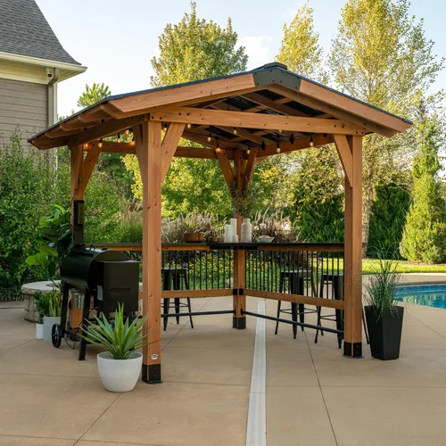 Vista 7 de Backyard Discovery Granada - Pabellón de madera de cedro para parrilla BBQ de 10' x 9' con techo rígido de acero galvanizado, barras superiores