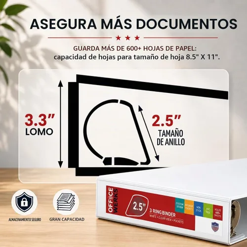Vista 2 de Carpeta de 3 aros, aros inclinados con forma en D, portada con bolsa transparente.