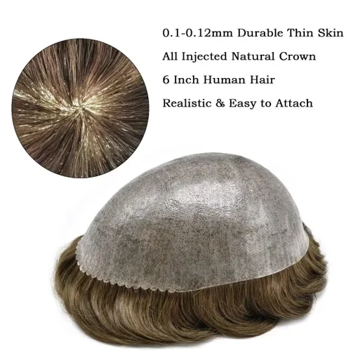 Vista 209 de Toupee para hombre 100% cabello humano real tupé para hombres 0.004 in piel de poliuretano para hombre, sistema de reemplazo de piezas de pelo