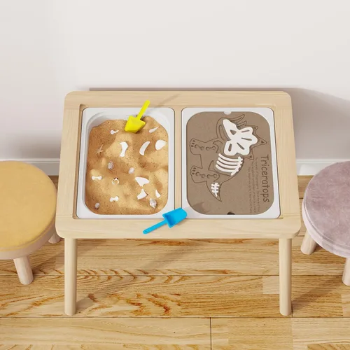 Vista 4 de Ogears Mesa sensorial, mesa de actividades para niños, mesa de juego de madera con contenedores, mesa Montessori, pizarra de tiza y pizarra blanca