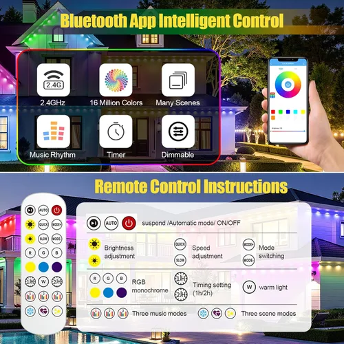 Vista 2 de Luces permanentes para exteriores, 50 pies, RGB+IC alero para casa IP67 Waterproof Smart LED Outdoor Lights with 16M Colors, App/Remote Control