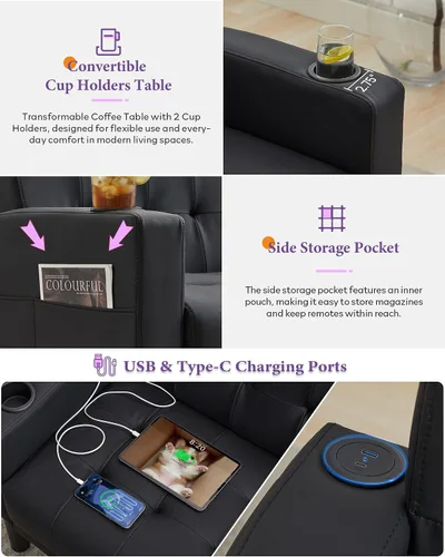 Vista 6 de TYBOATLE Sofá Loveseat de 62" de ancho con 2 puertos de carga USB y 2 portavasos, asiento de amor pequeño capitoné de cuero sintético negro
