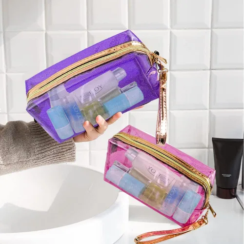 Vista 7 de Meetory 5 bolsas de cosméticos transparentes impermeables con cremallera, bolsas de plástico transparente de PVC para maquillaje, bolsa de aseo