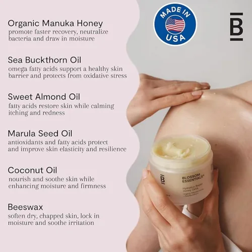 Vista 4 de Blossom Essentials Crema de miel, reparación de hidratación para piel seca y con picazón, alivio de eccema y psoriasis para pieles sensibles, miel