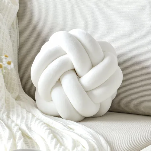 Vista 24 de Almohada de nudo de bola, cojín decorativo redondo para arrojar, almohada de felpa suave beige anudada de 8 pulgadas, cojín decorativo de nudo
