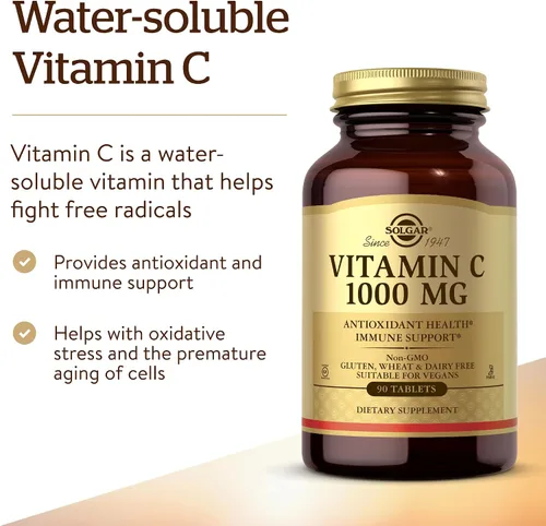Vista 3 de Solgar Vitamina C 1000 mg, 90 Tabletas – Antioxidante y Apoyo Inmunológico, Salud General, Piel y Articulaciones Saludables – Suplemento